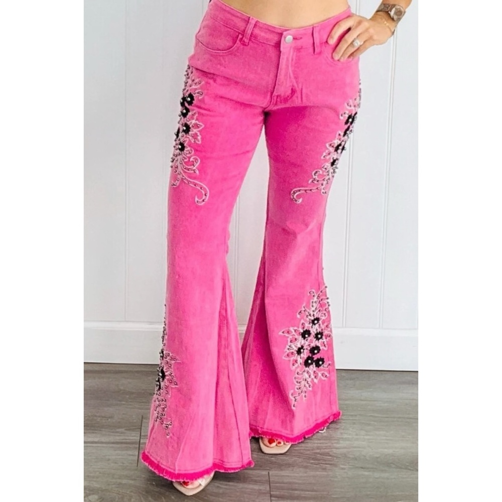 POL Pink Embroidered Western Flare Jeans | Beaded Studded Stretch Denim - Picture 5 of 7